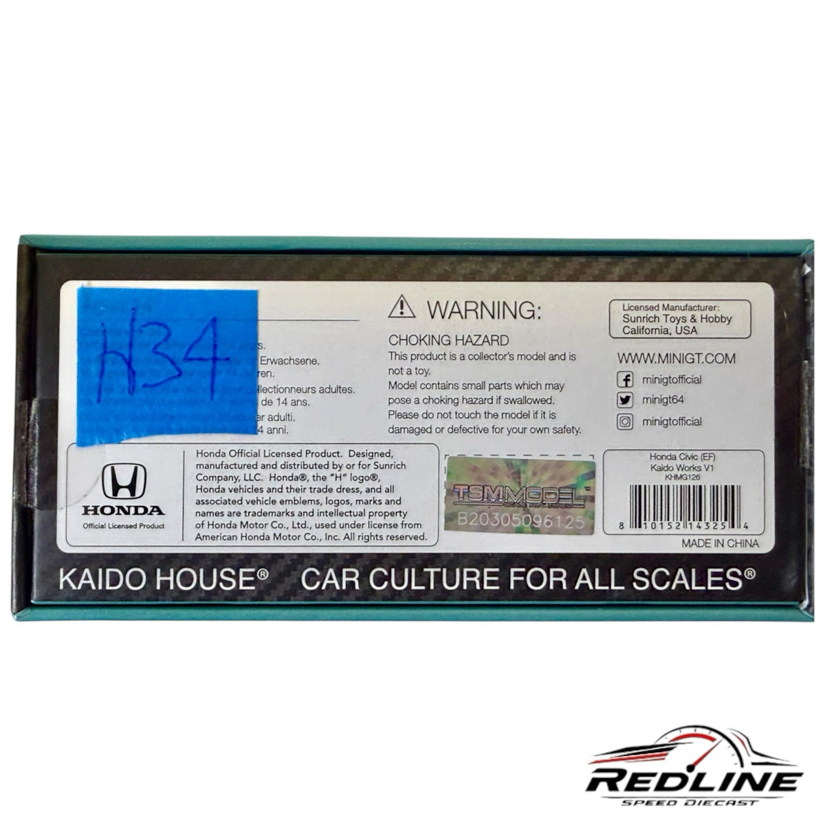 Redline Speed Diecast packaging box for the KAIDO HOUSE Honda Civic EF Kaido Works V1 model with warning labels