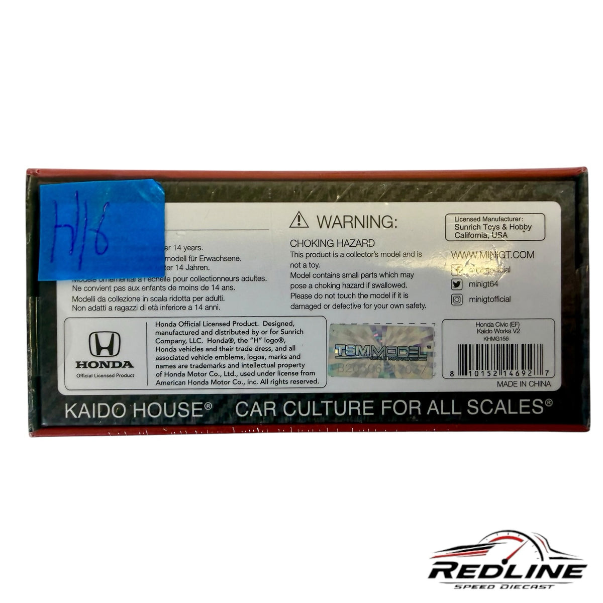 Redline Speed Diecast packaging back for Kaido House Mini GT Honda Civic EF Kaido Works V2 diecast model