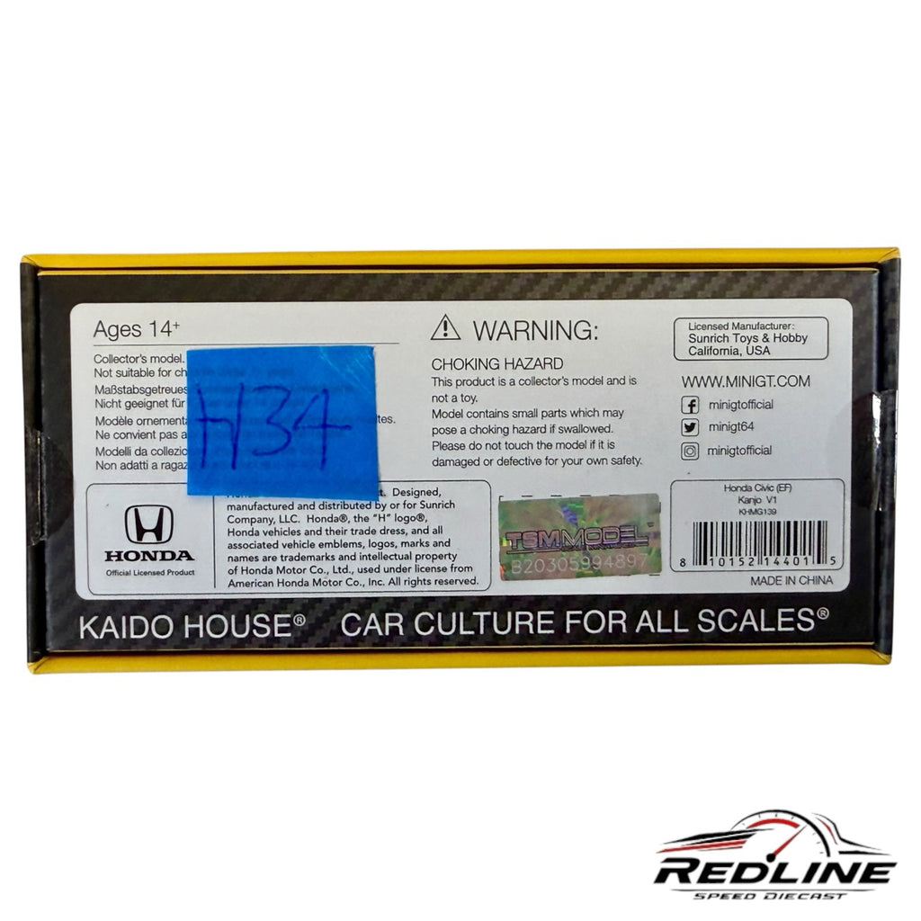Redline Speed Diecast packaging back for KAIDO HOUSE Honda Civic EF Kanjo V1 collector model with warning labels