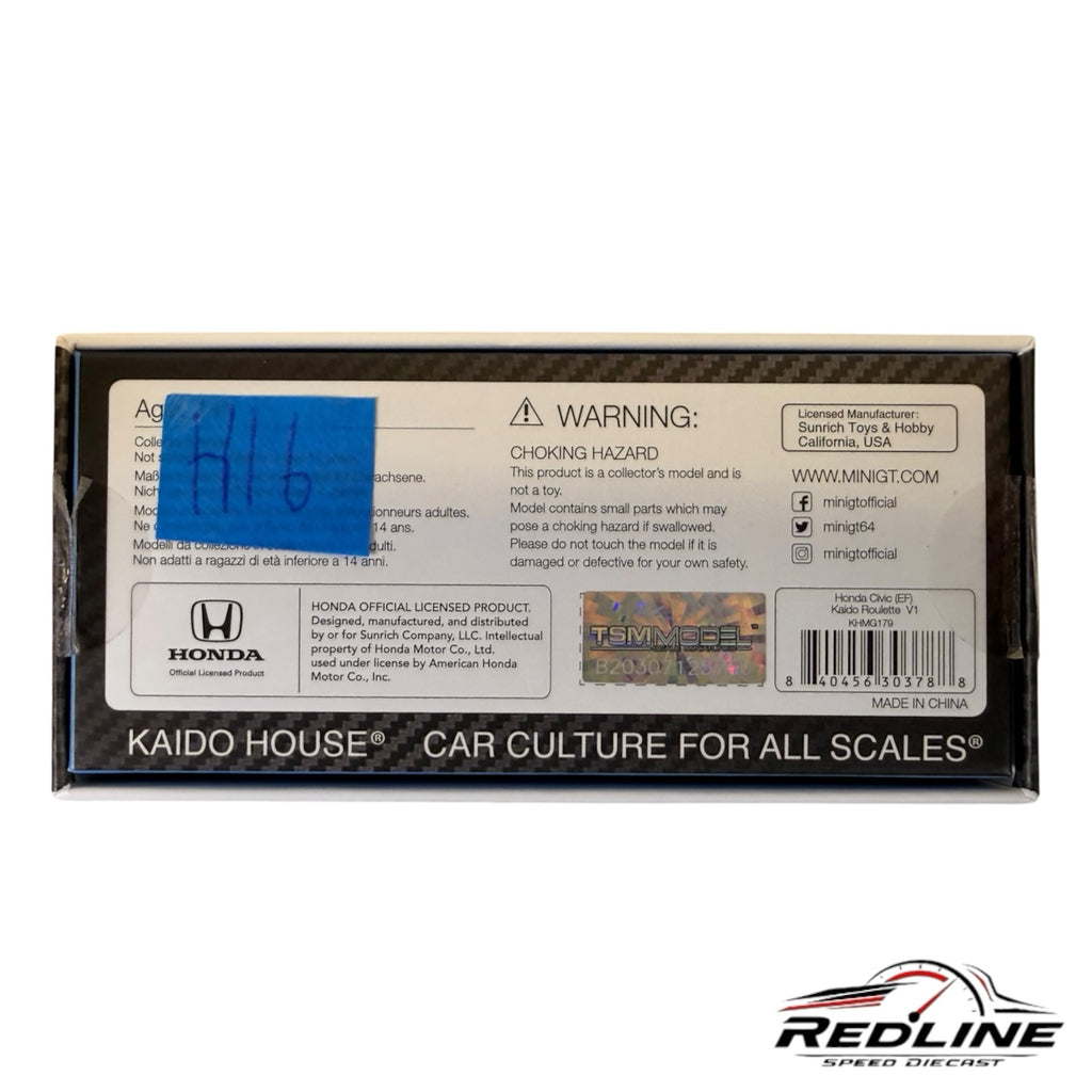 Redline Speed Diecast packaging box for Kaido House Honda Civic EF model featuring official branding and warnings