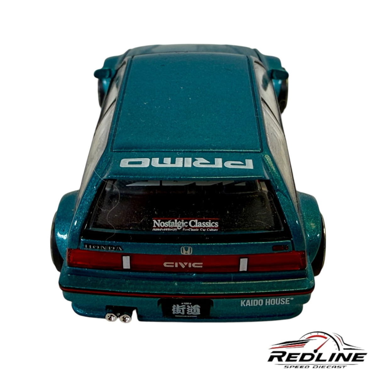 Redline Speed Diecast Honda Civic EF Kaido Works V1 model in metallic teal with wide-body kit and rear view