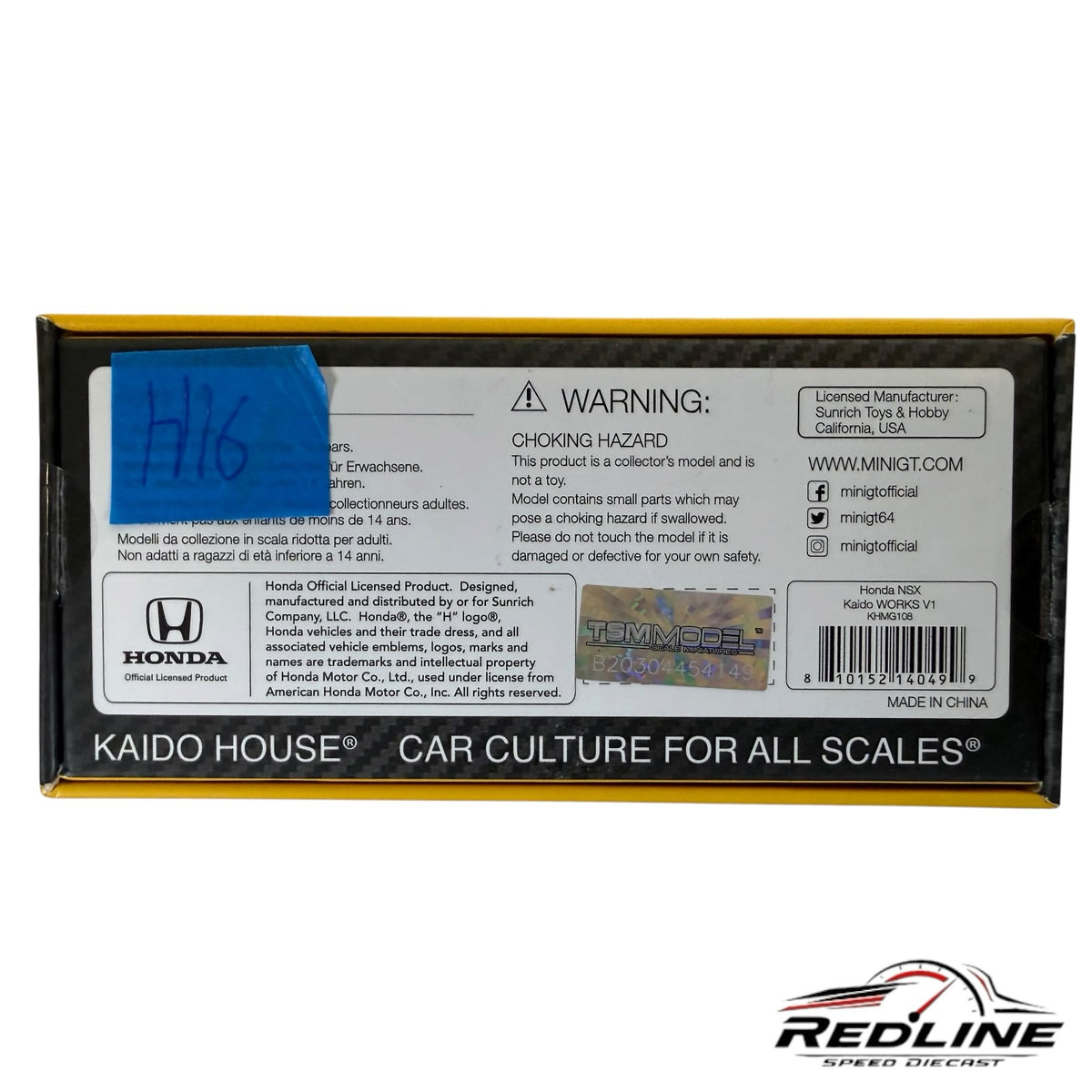 Redline Speed Diecast packaging box for Kaido House Mini GT Honda NSX Kaido Works V1 model with official branding