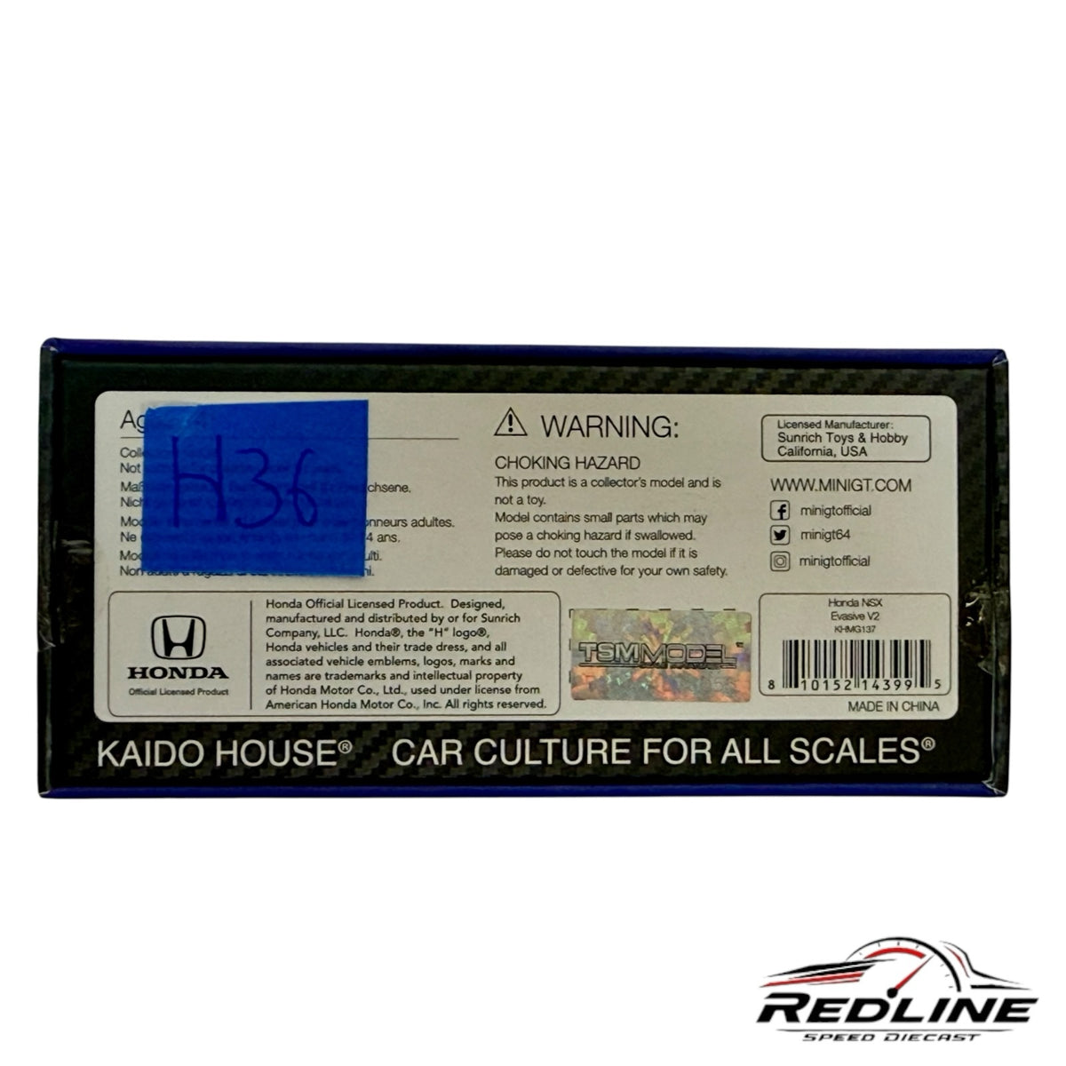 Redline Speed Diecast packaging box for Kaido House Honda NSX Evasive V2 model car with official branding and labels
