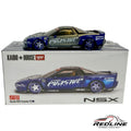 Redline Speed Diecast Kaido House Honda NSX Evasive V2 blue wide-body sports car model with racing decals on display
