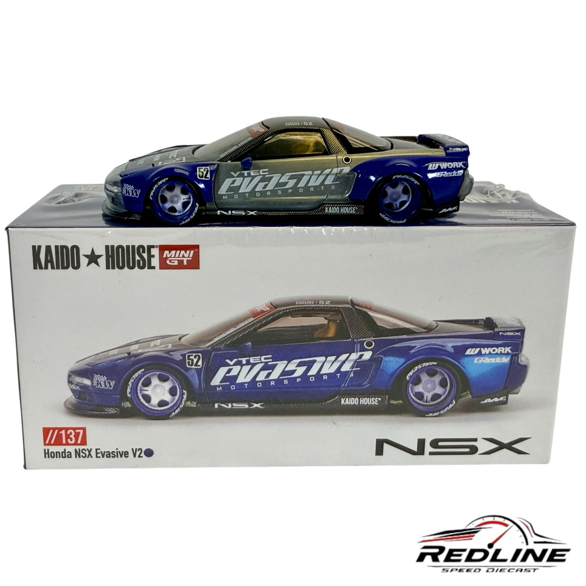 Redline Speed Diecast Kaido House Honda NSX Evasive V2 blue wide-body sports car model with racing decals on display