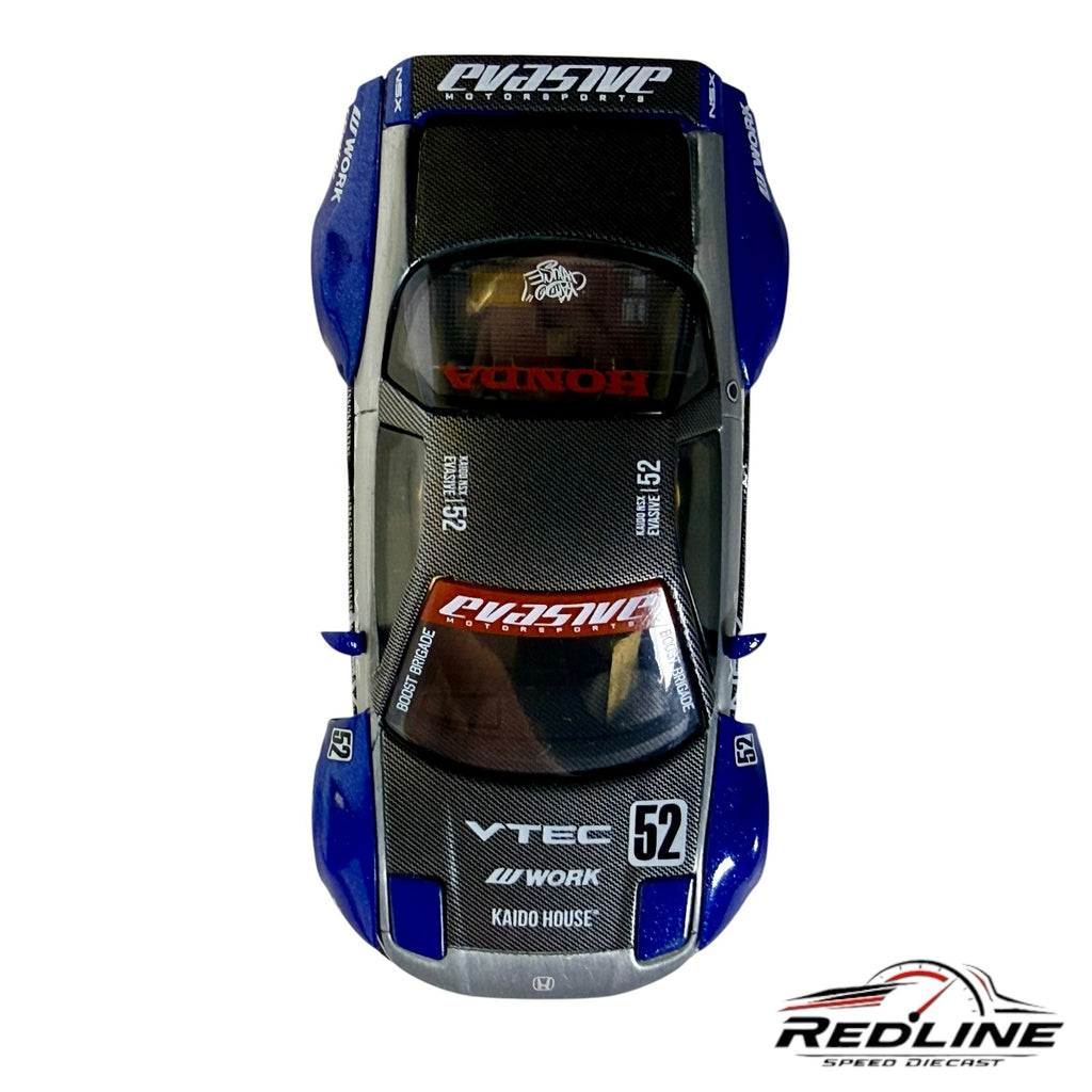 Redline Speed Diecast KAIDO HOUSE Honda NSX Evasive V2 1:64 scale model in blue and carbon fiber from a top view.