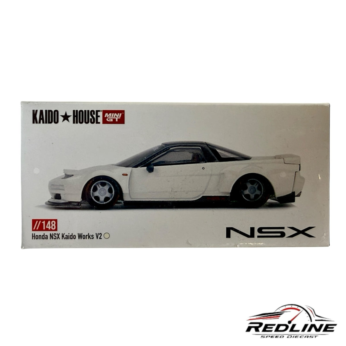 Redline Speed Diecast packaging for the white Honda NSX Kaido Works V2 1:64 scale model car