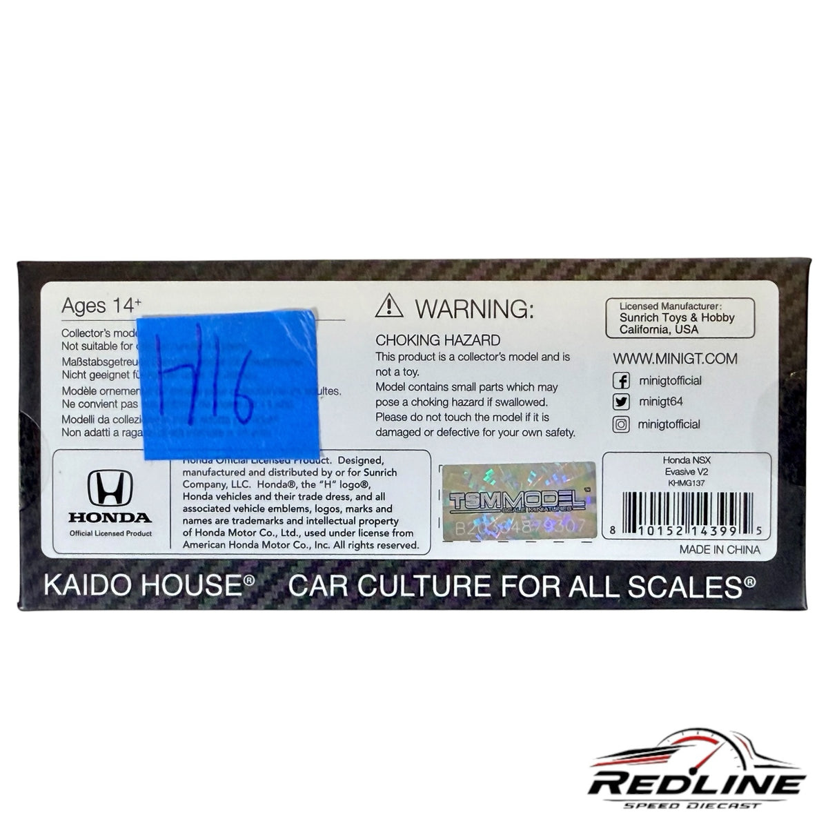 Redline Speed Diecast packaging back for KAIDO HOUSE Honda NSX Evasive V2 model with official licensing and warnings