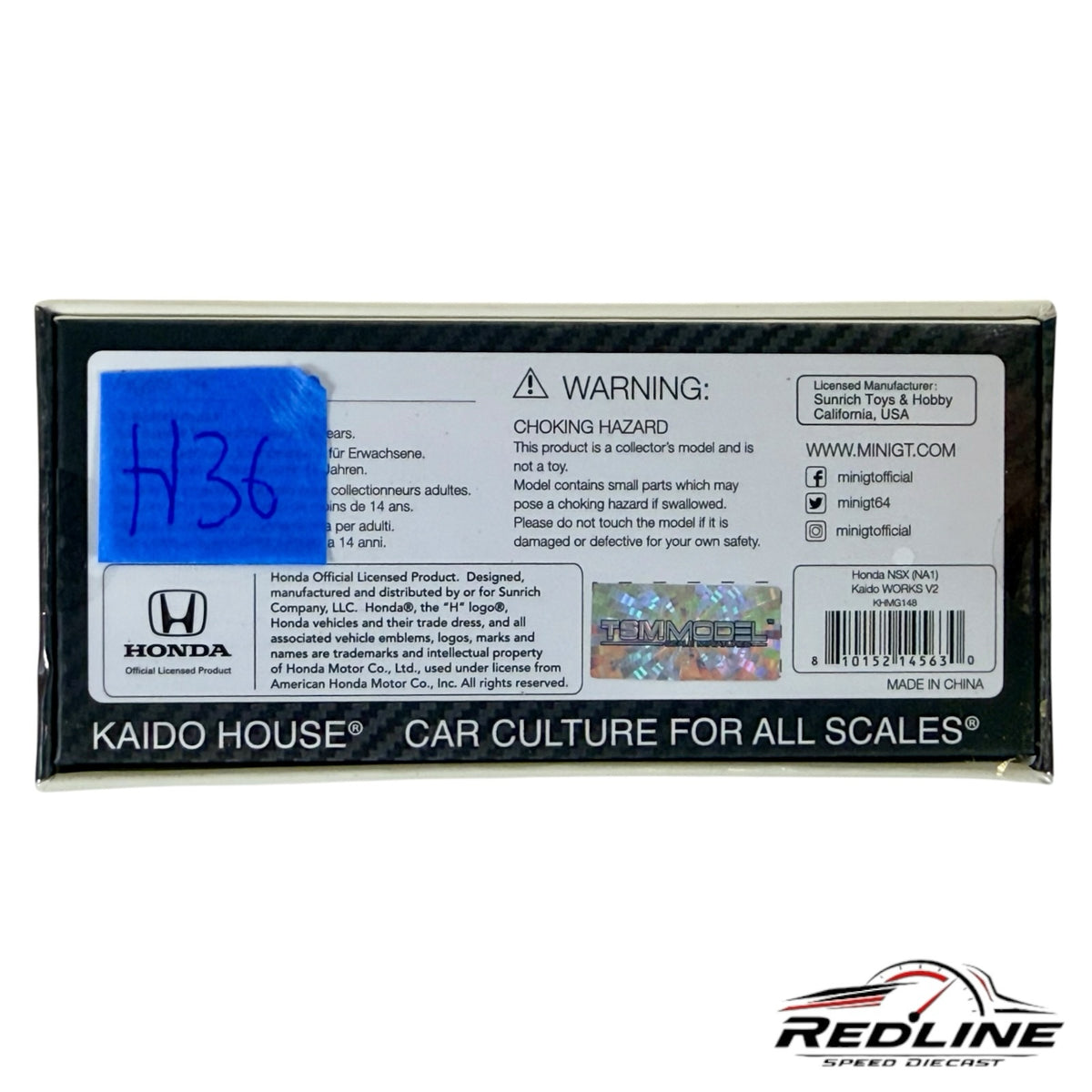 Redline Speed Diecast packaging back for Kaido House Mini GT Honda NSX Kaido Works V2 model with warning labels