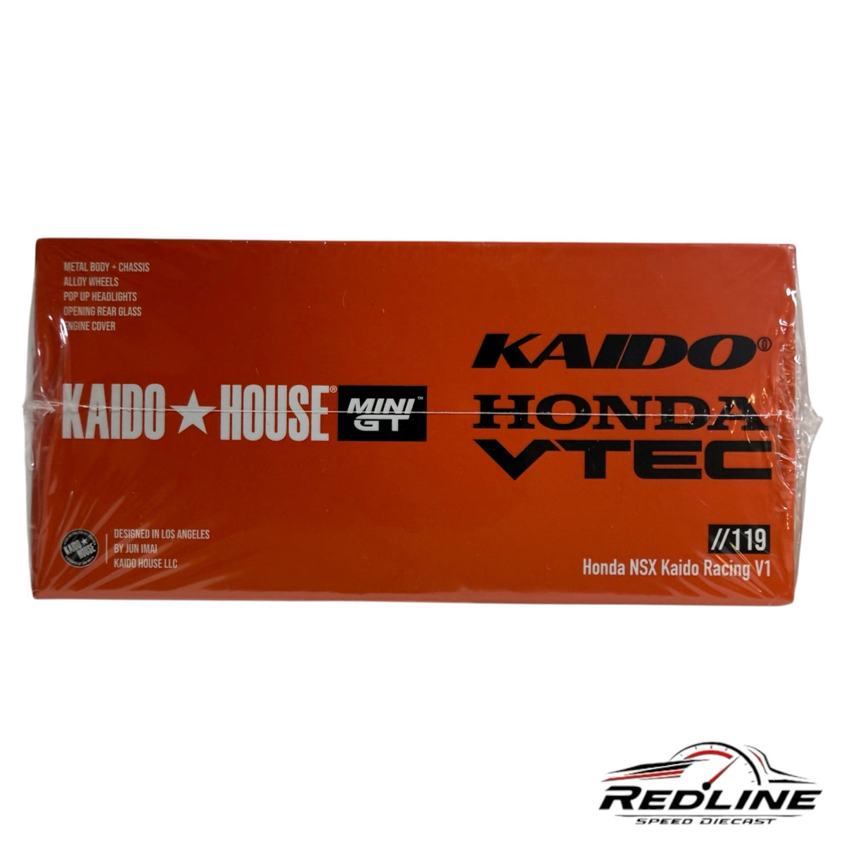 Redline Speed Diecast packaging for the orange Honda NSX Kaido Racing V1 model car with prominent branding