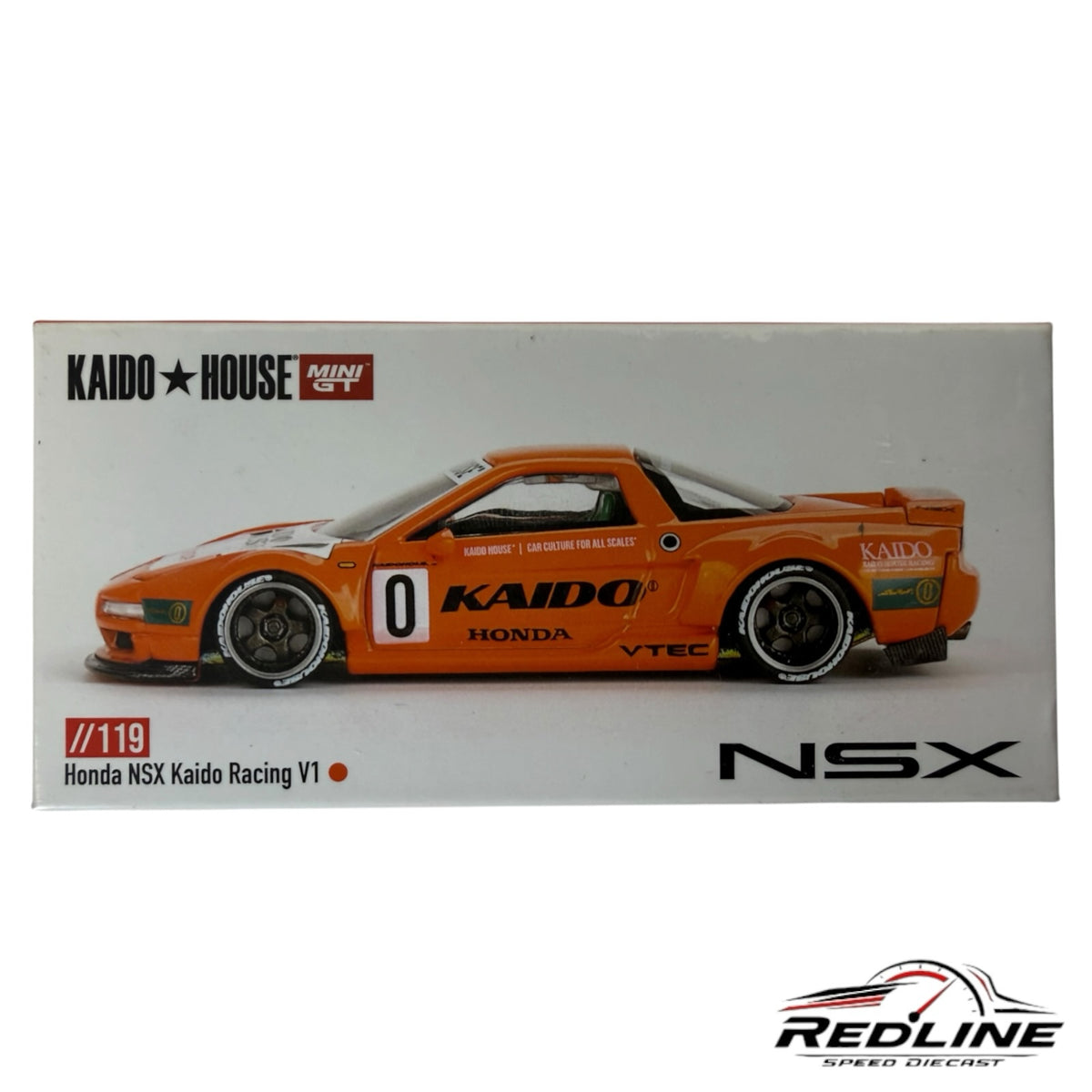 Redline Speed Diecast KAIDO HOUSE Honda NSX Racing V1 diecast model car in orange with racing livery on display box