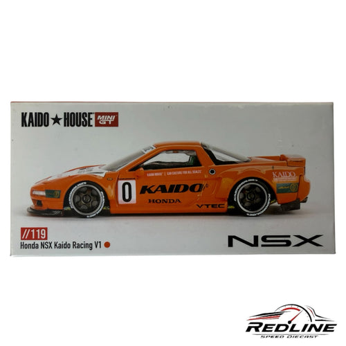Redline Speed Diecast KAIDO HOUSE Honda NSX Racing V1 diecast model car in orange with racing livery on display box