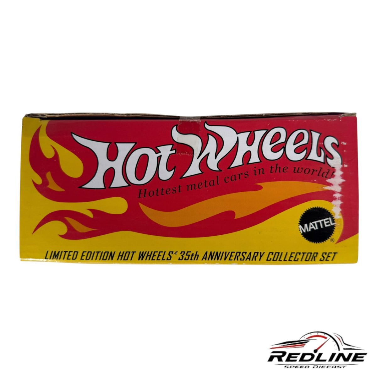 Redline Speed Diecast Hot Wheels 35th Anniversary collector set box with iconic yellow and red flame branding