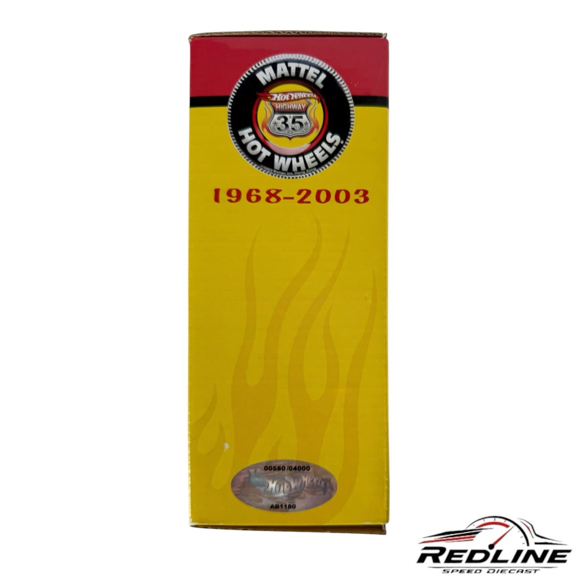 Redline Speed Diecast Hot Wheels 35th anniversary commemorative yellow box with 1968-2003 branding and flame graphics