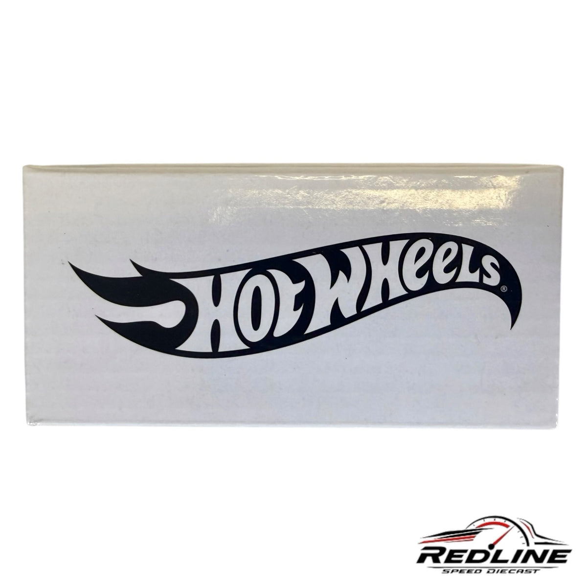 Redline Speed Diecast white collector box featuring the iconic black Hot Wheels logo on the front