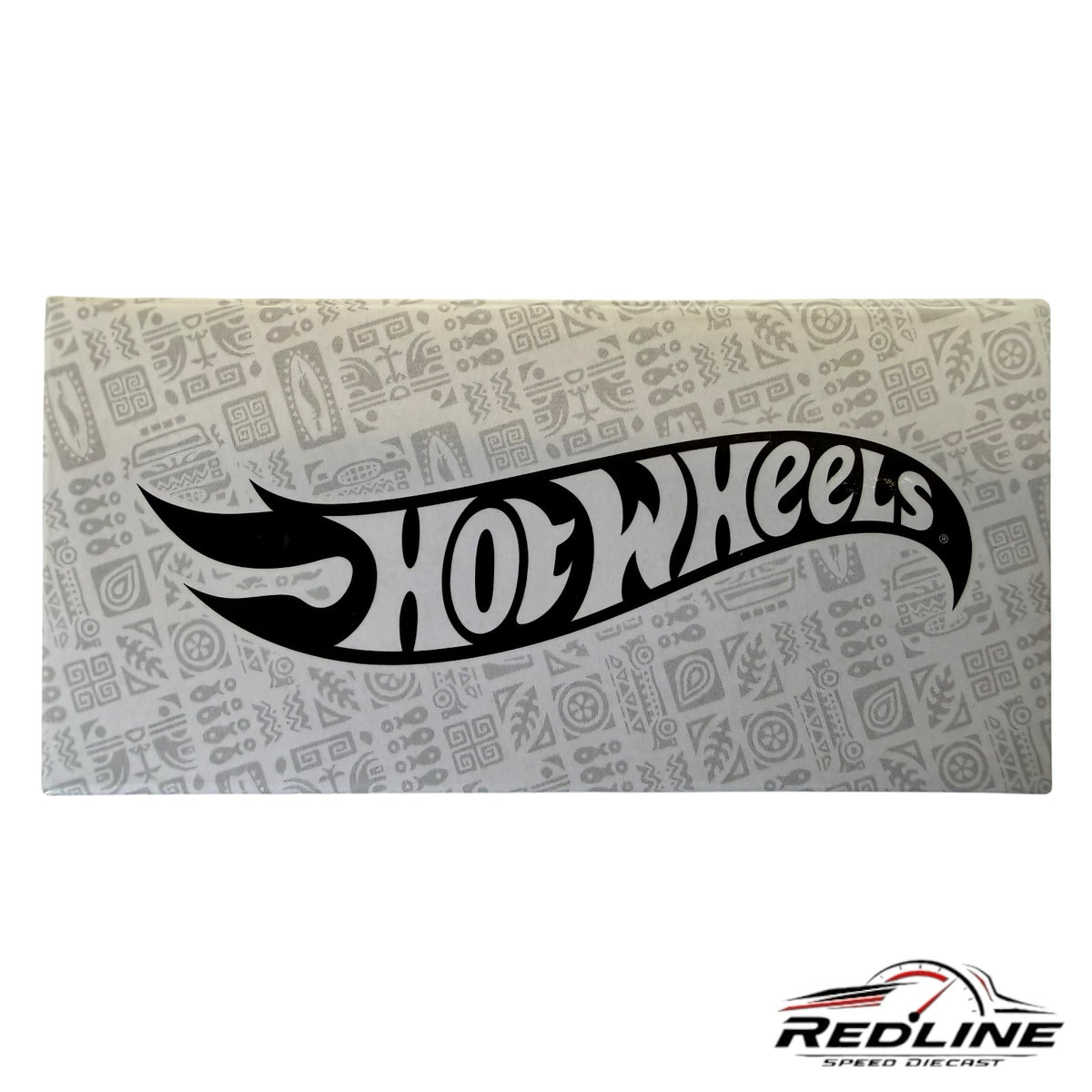 Redline Speed Diecast Hot Wheels collector box featuring a white background with tribal patterns and black logo