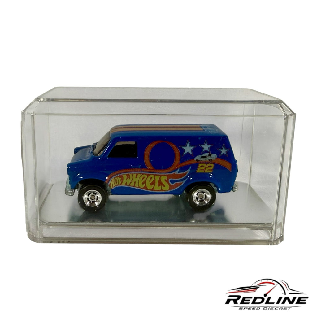 Redline Speed Diecast 36th Hot Wheels Convention exclusive blue die-cast van in a protective display case.