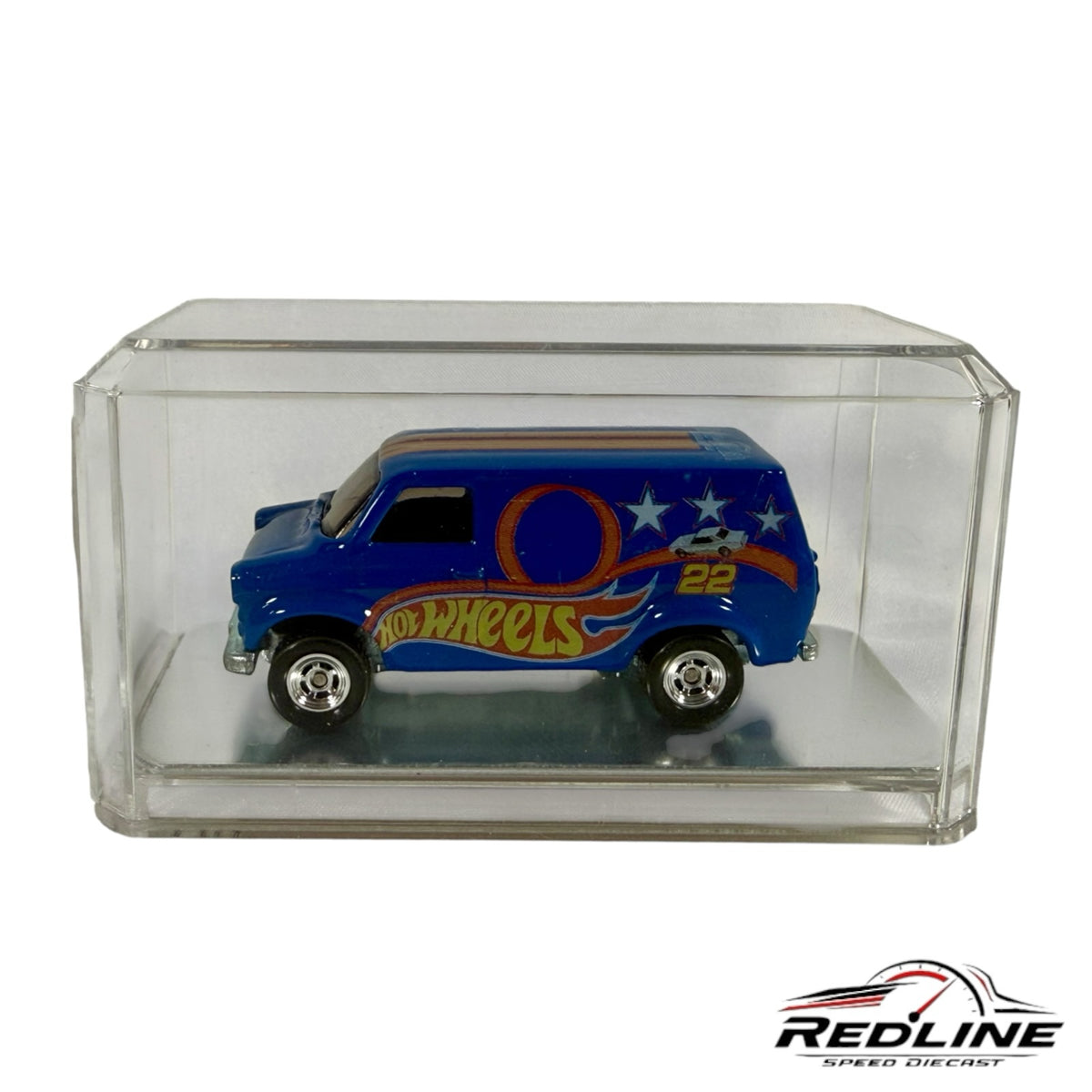 Redline Speed Diecast 36th Hot Wheels Convention exclusive blue die-cast van in a protective display case.