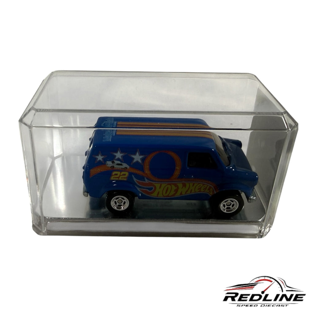 Redline Speed Diecast 36th Hot Wheels Convention blue van in a protective acrylic display case with custom graphics.