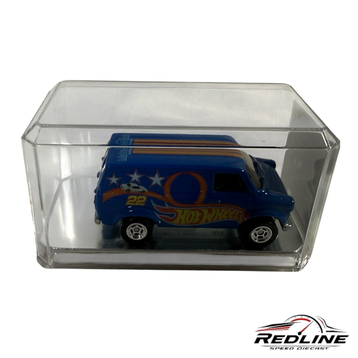 Redline Speed Diecast 36th Hot Wheels Convention blue van in a protective acrylic display case with custom graphics.