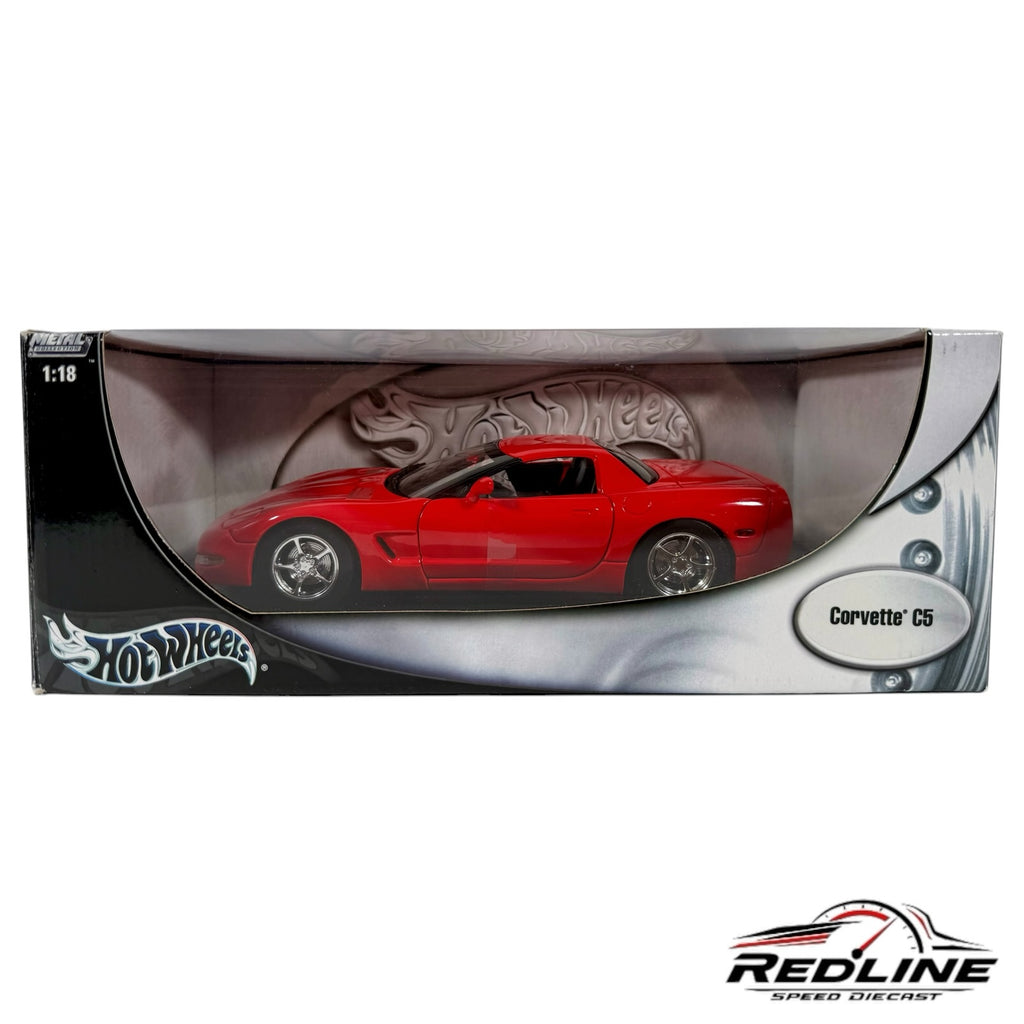 Redline Speed Diecast 1:18 scale Hot Wheels Corvette C5 model car in vibrant red inside its original collector box.