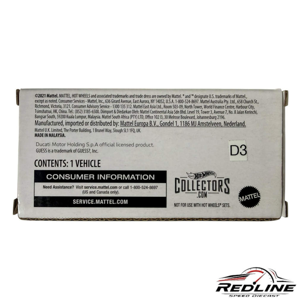 Redline Speed Diecast Hot Wheels Ducati collector packaging bottom view with product information and legal text