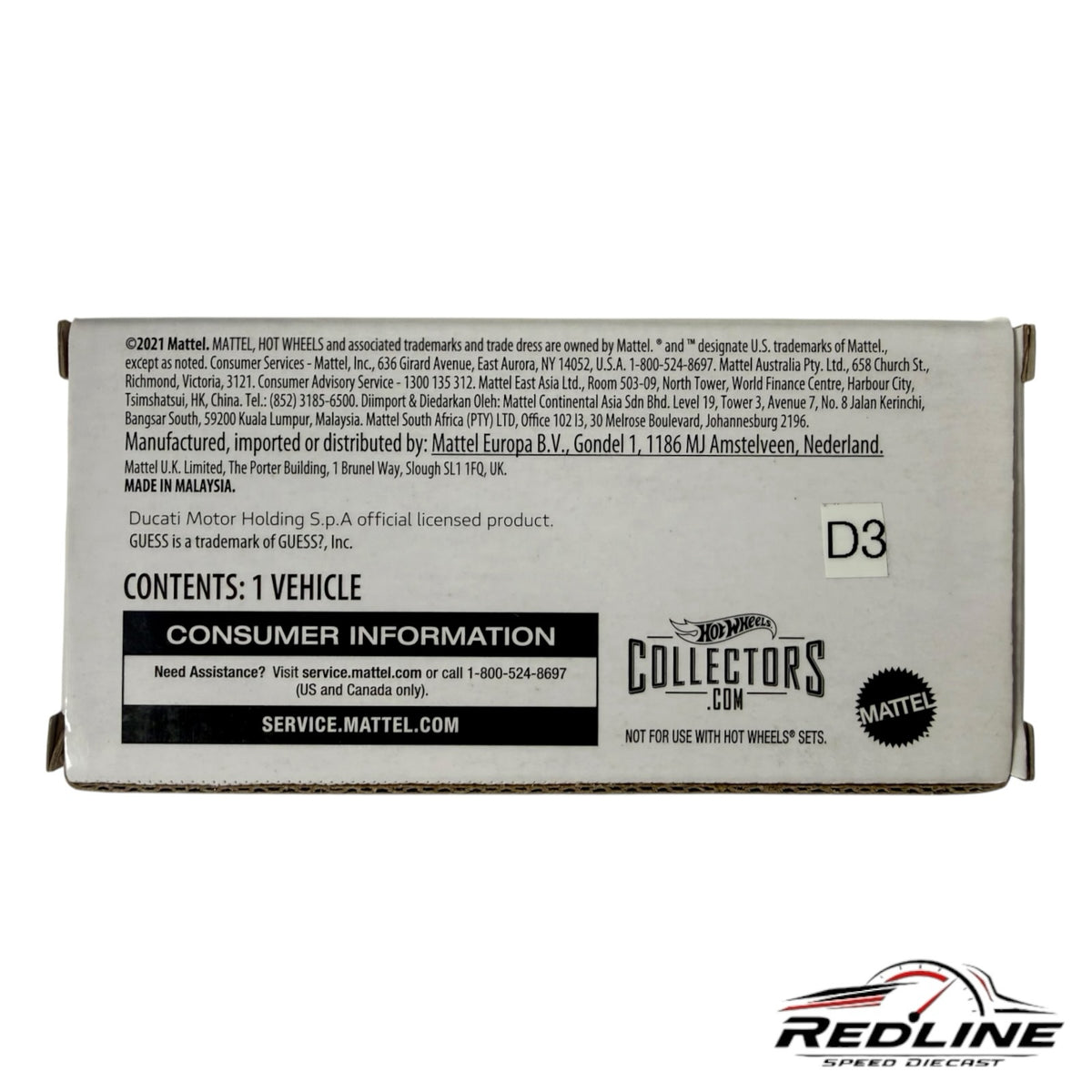 Redline Speed Diecast Hot Wheels Ducati collector packaging bottom view with product information and legal text