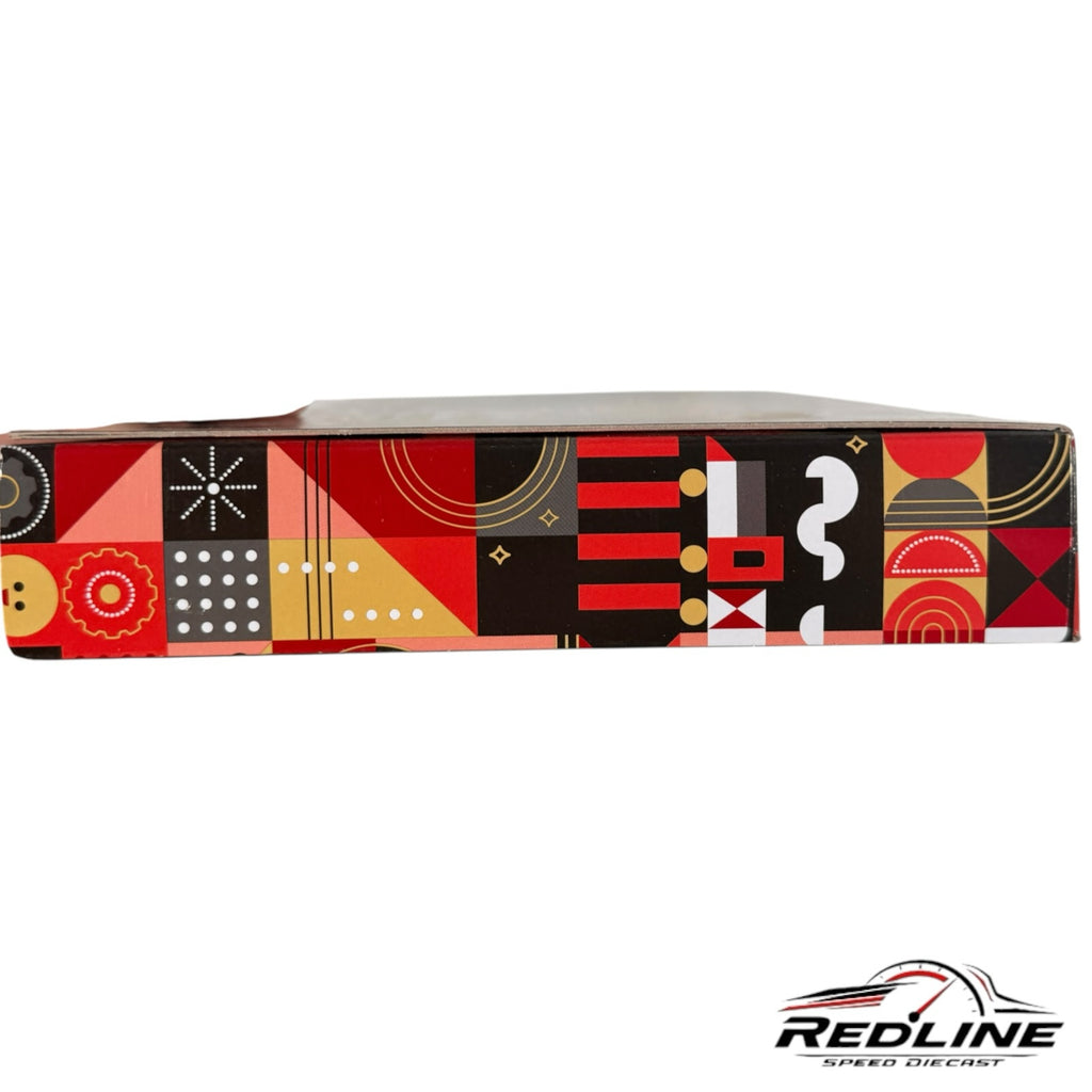Redline Speed Diecast Hot Wheels FAO Schwarz collector set box featuring a vibrant geometric pattern in red and gold