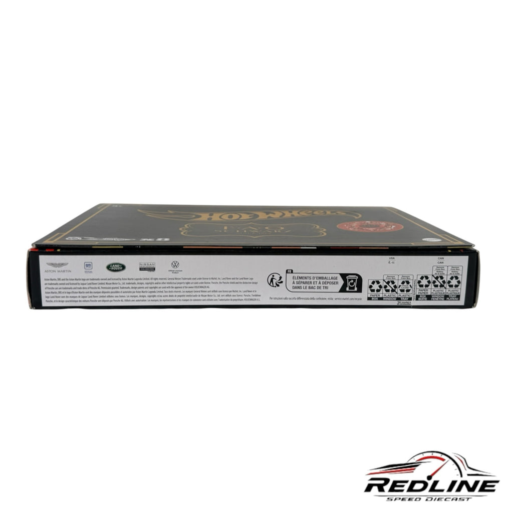 Redline Speed Diecast Hot Wheels FAO Schwarz 8-piece collector set box side view with brand logos and recycling info