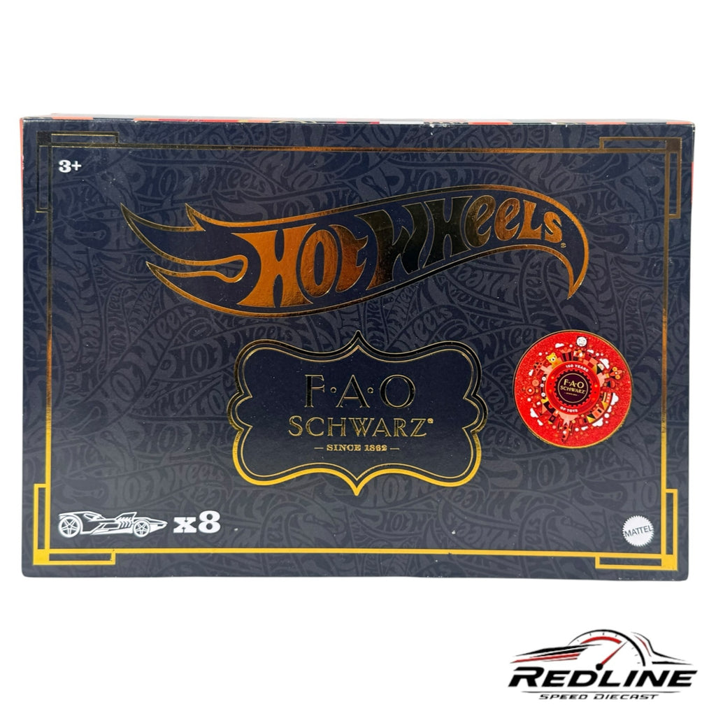 Redline Speed Diecast Hot Wheels FAO Schwarz 8-piece collector set in a premium black and gold commemorative box.