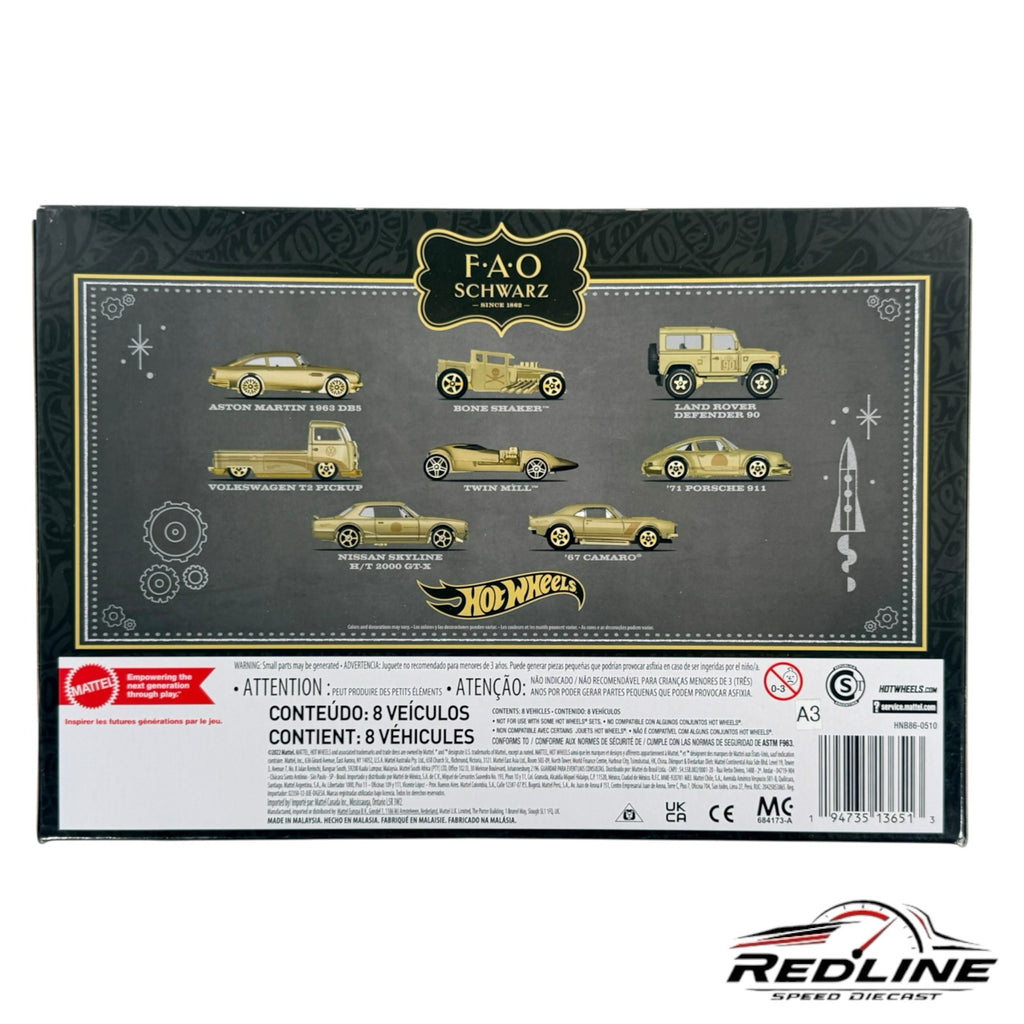 Redline Speed Diecast Hot Wheels FAO Schwarz 8-piece gold collector vehicle set in commemorative display packaging