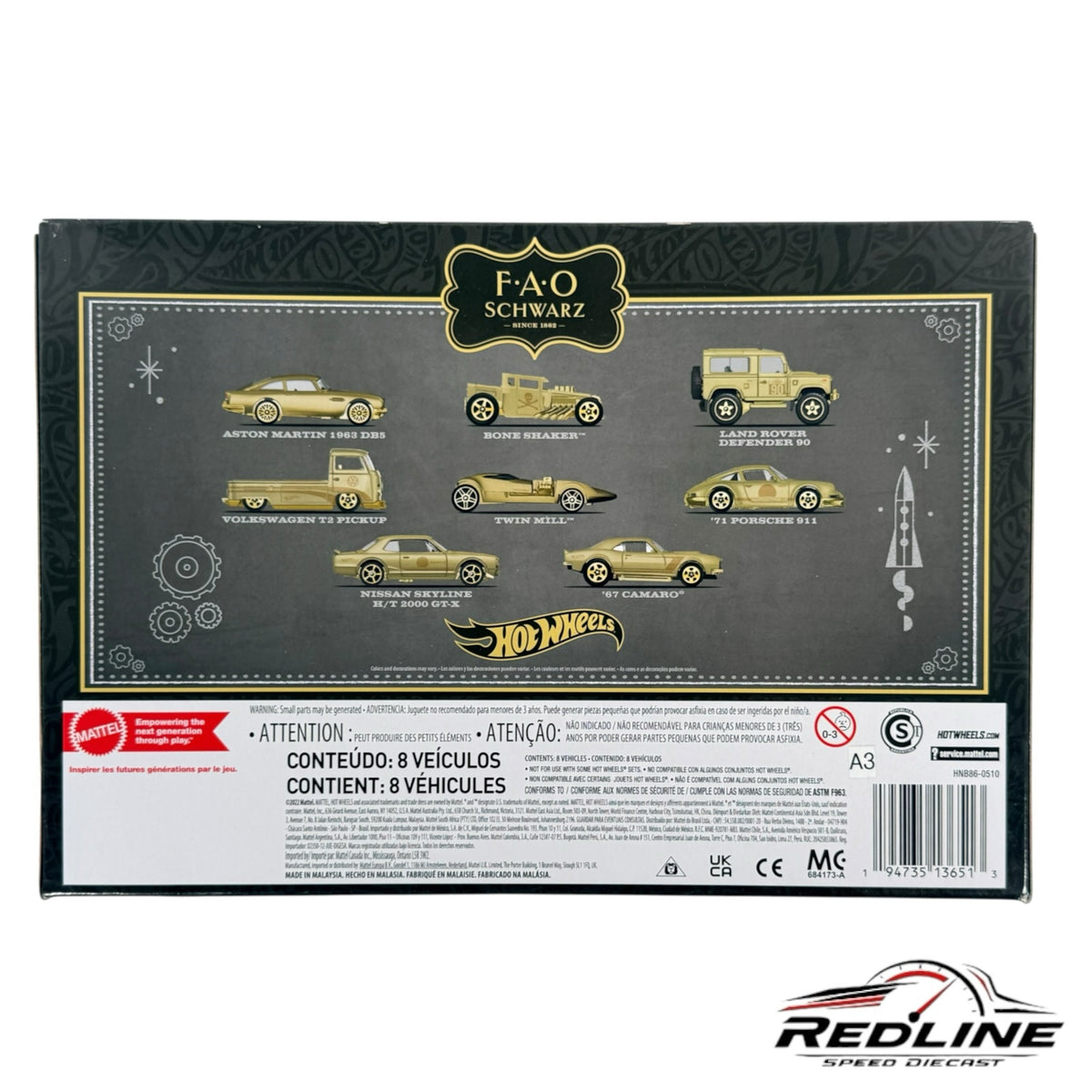 Redline Speed Diecast Hot Wheels FAO Schwarz 8-piece gold collector vehicle set in commemorative display packaging