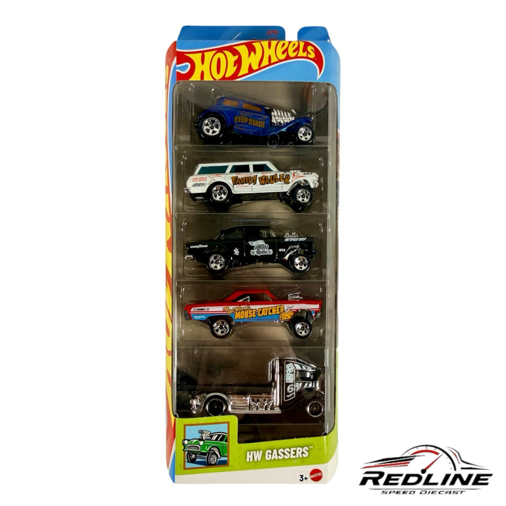Redline Speed Diecast Hot Wheels HW Gassers 5-pack featuring five 1:64 scale drag racing die-cast cars in packaging.
