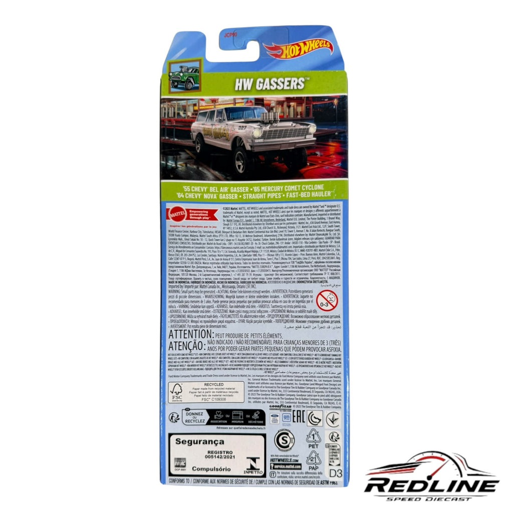 Redline Speed Diecast Hot Wheels HW Gassers 5-pack packaging back view showing car models and safety information