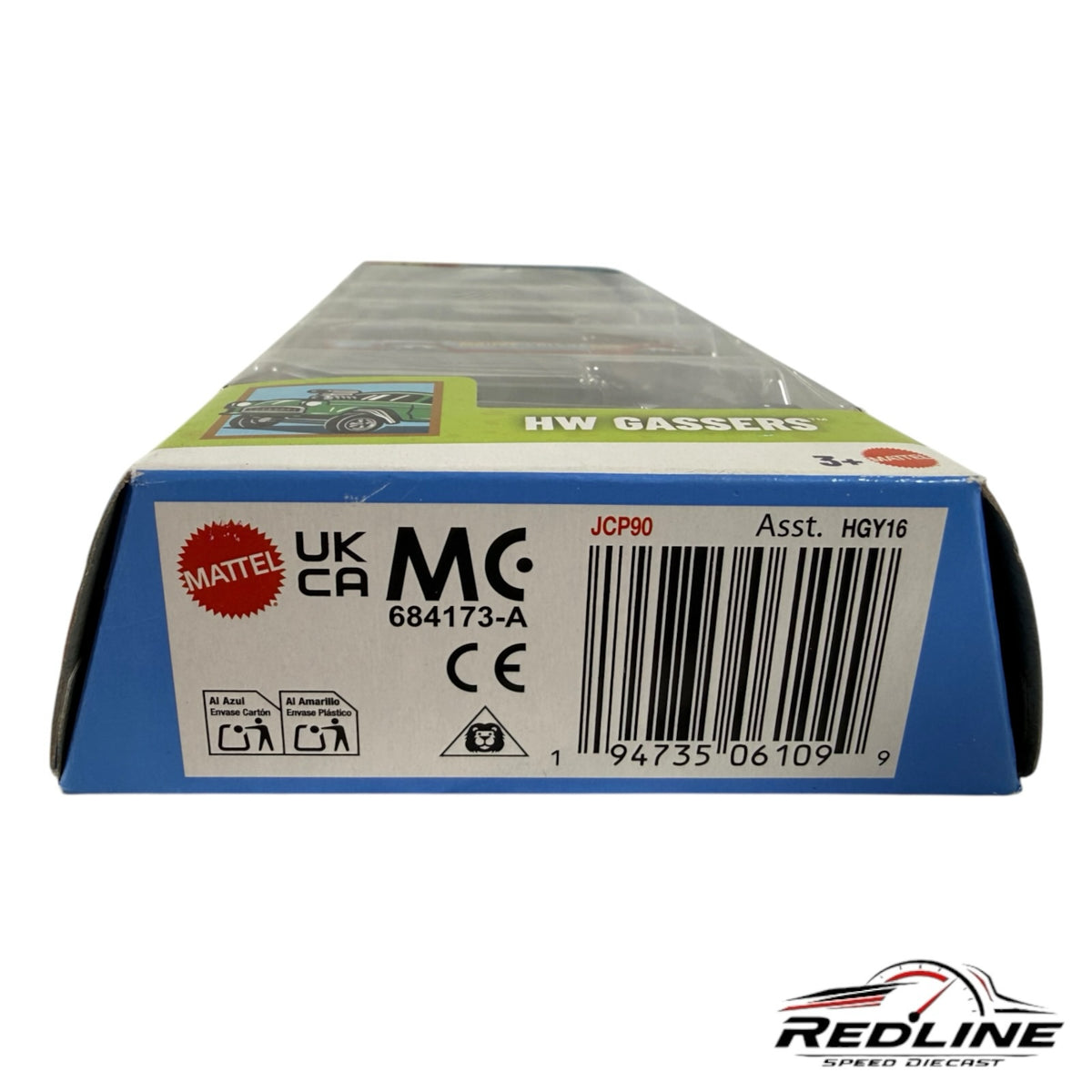 Redline Speed Diecast Hot Wheels HW Gassers 5-pack packaging end view showing barcode and product details