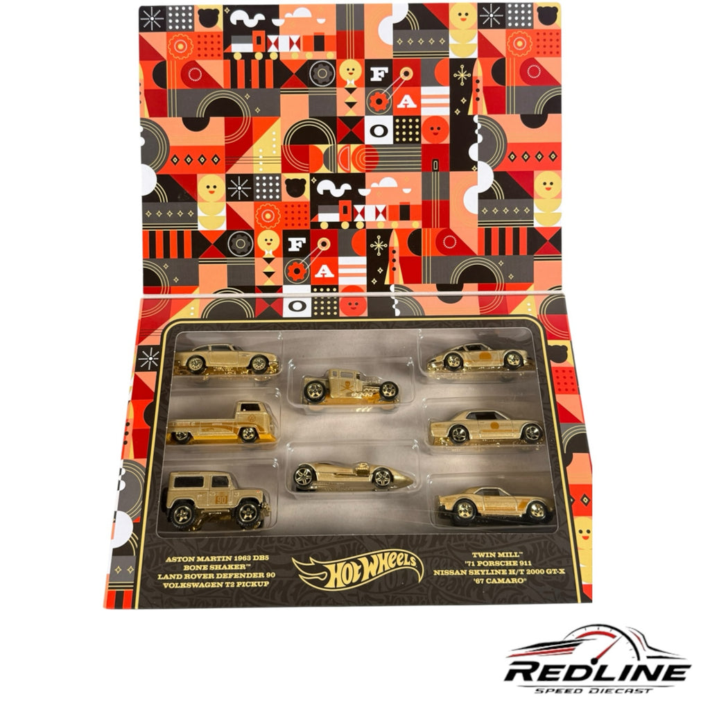 Redline Speed Diecast Hot Wheels FAO Schwarz 8-piece gold die-cast vehicle collector set in decorative display box