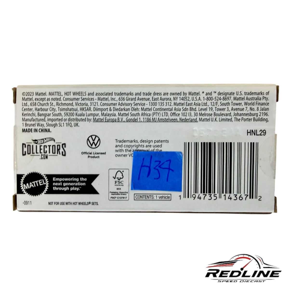 Redline Speed Diecast Hot Wheels Kawa-Bug-A packaging back with product information, barcode, and official branding.