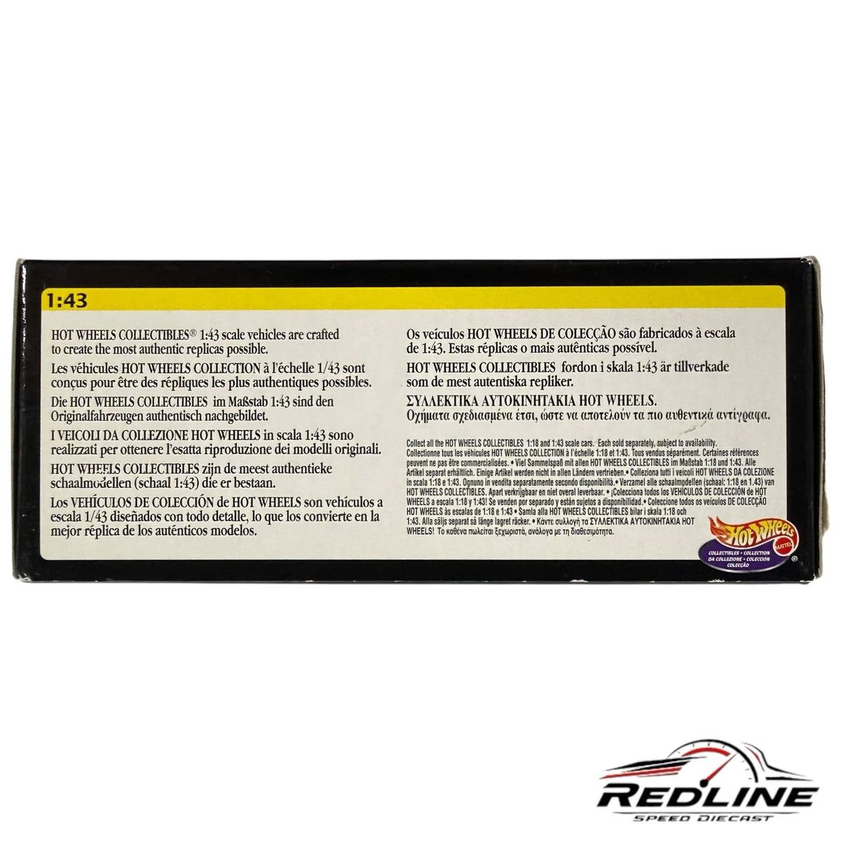 Redline Speed Diecast Hot Wheels Collectibles 1:43 scale model packaging back with multilingual product information