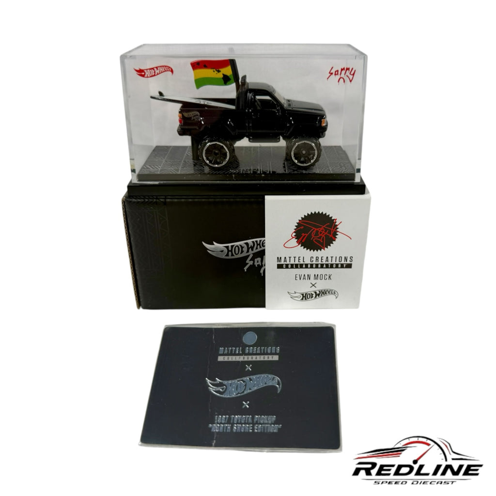Redline Speed Diecast Hot Wheels Evan Mock 1987 Toyota Pickup in black with surfboard and flag in display case