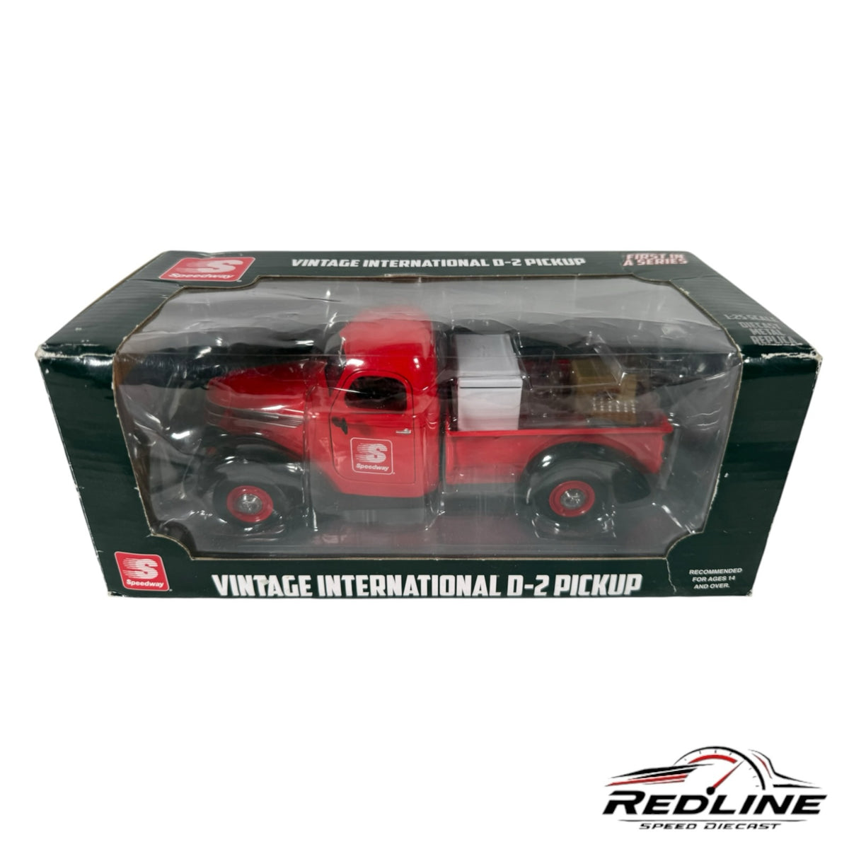 Redline Speed Diecast 1:25 scale red International D-2 pickup truck model in original display box with accessories.