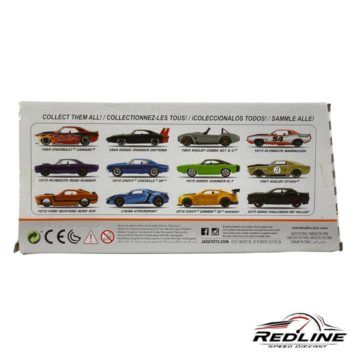Redline Speed Diecast packaging back showing a collection of Jada Toys Bigtime Muscle die-cast model cars