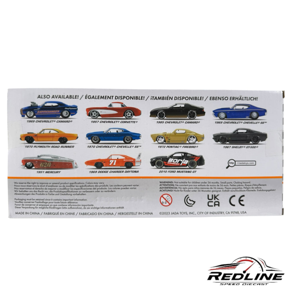 Redline Speed Diecast packaging back showing various Jada Toys Bigtime Muscle diecast car models and safety labels.