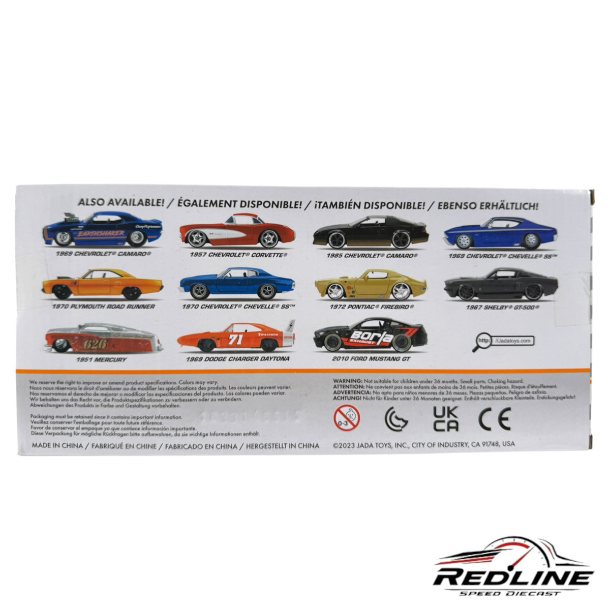 Redline Speed Diecast packaging back showing various Jada Toys Bigtime Muscle diecast car models and safety labels.