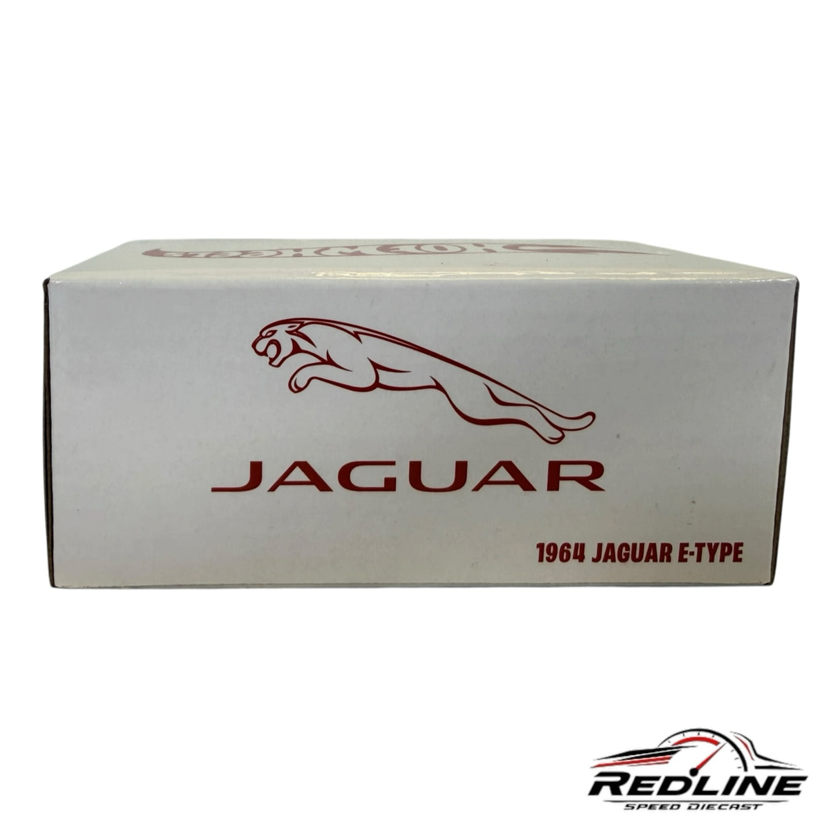 Redline Speed Diecast white collector box for the 1964 Jaguar E-Type featuring the iconic Jaguar leaping cat logo
