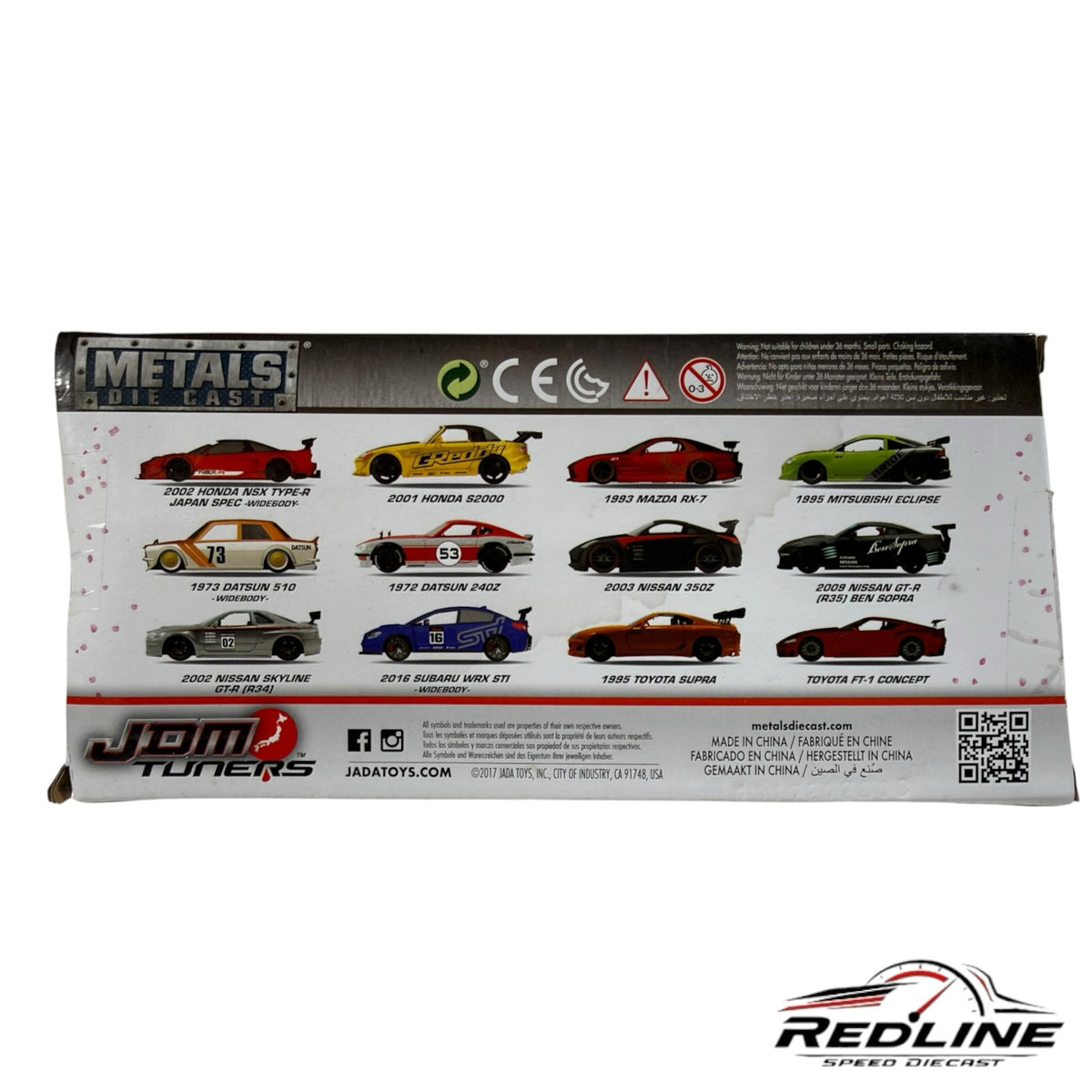 Redline Speed Diecast packaging showing a collection of Jada Toys JDM Tuners die-cast model cars