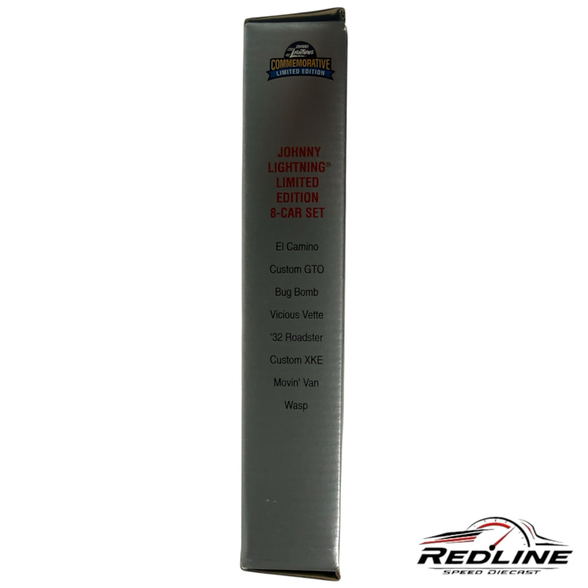Redline Speed Diecast Johnny Lightning limited edition 8-car set packaging side view listing included vehicle models