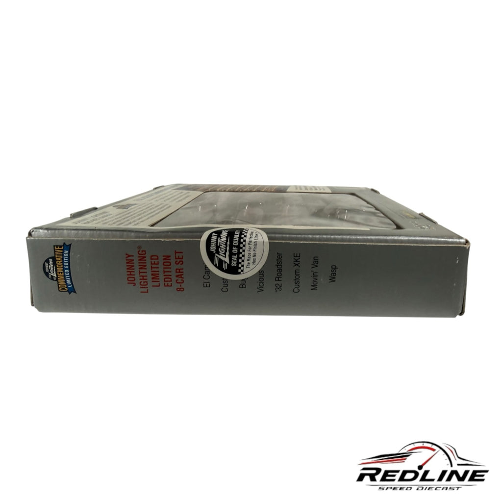 Redline Speed Diecast Johnny Lightning commemorative 8-car set box side view showing model names and branding