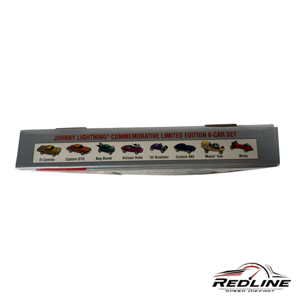 Redline Speed Diecast Johnny Lightning limited edition 8-car set box side view showing illustrated classic car models