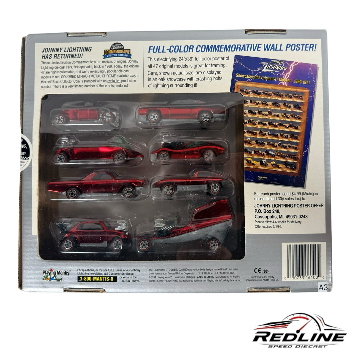Redline Speed Diecast Johnny Lightning limited edition 8-car set in red chrome finish with collector coin and poster
