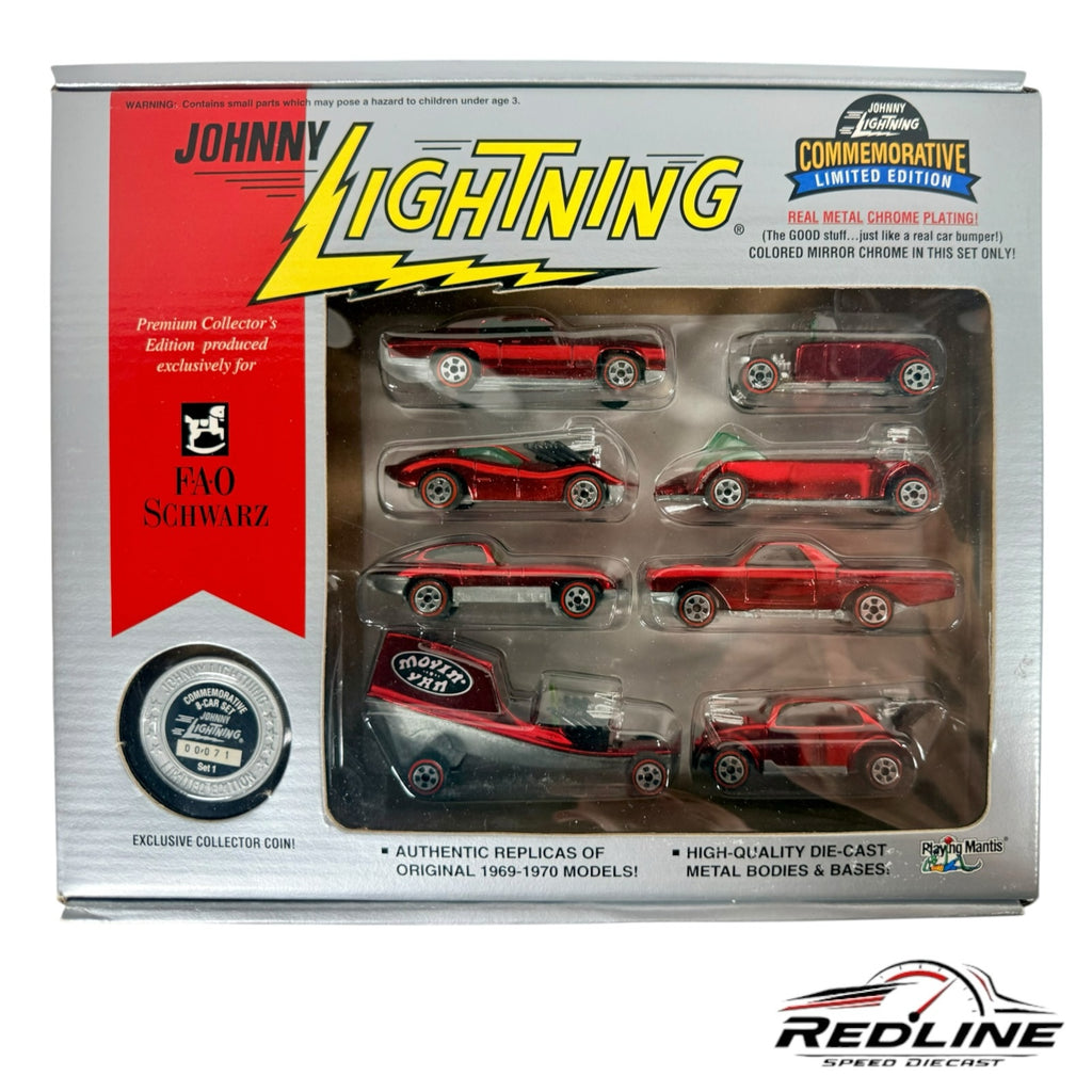 Redline Speed Diecast Johnny Lightning 8-car set with red chrome finish and collector coin in original display box
